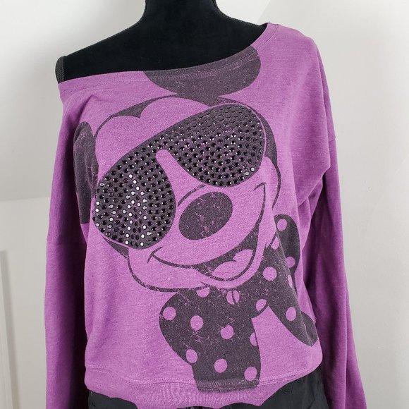 Disney Cool Sunglasses Mickey Mouse Cropped Purple Sweater - Picture 4 of 5